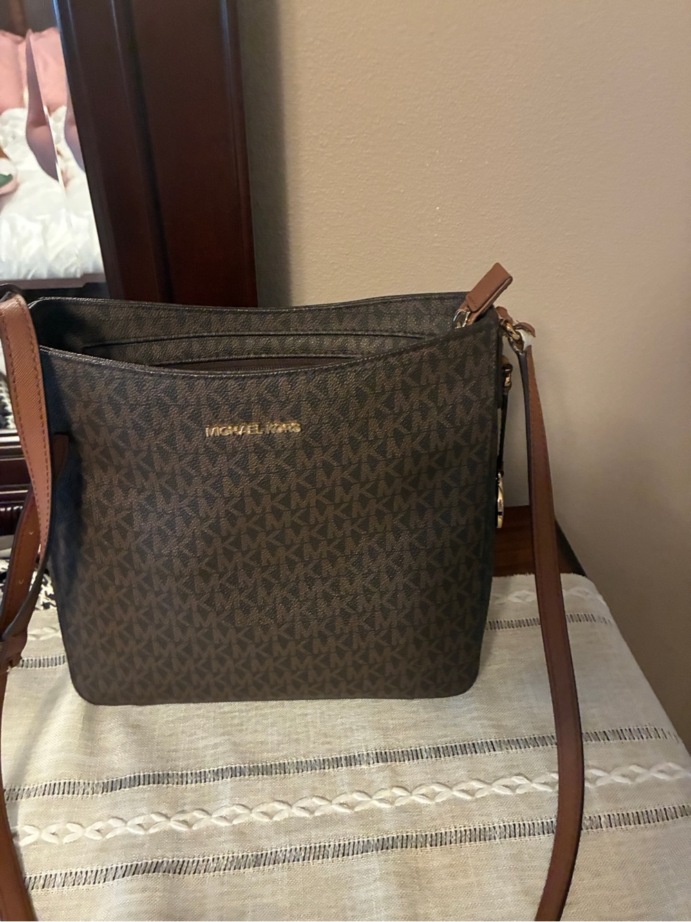 Michael Kors Brown Logo Crossbody with Gold Hardware